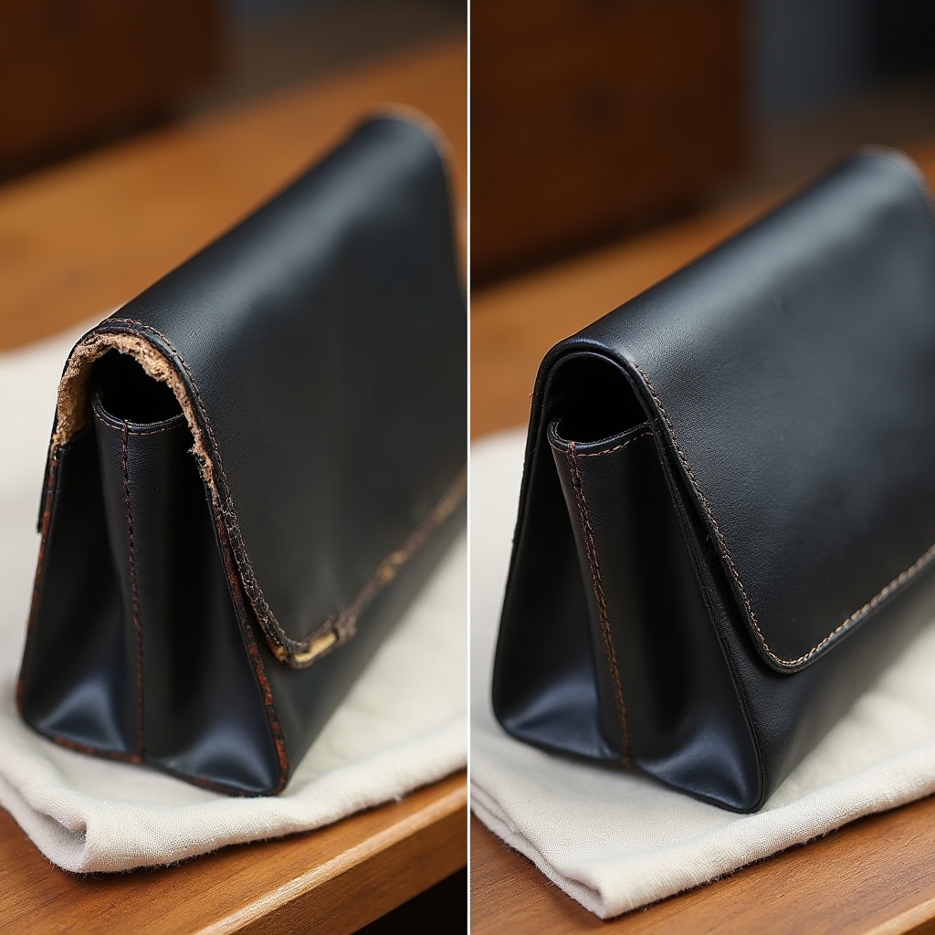 Angoli consumati di borsa in pelle nera prima del restauro