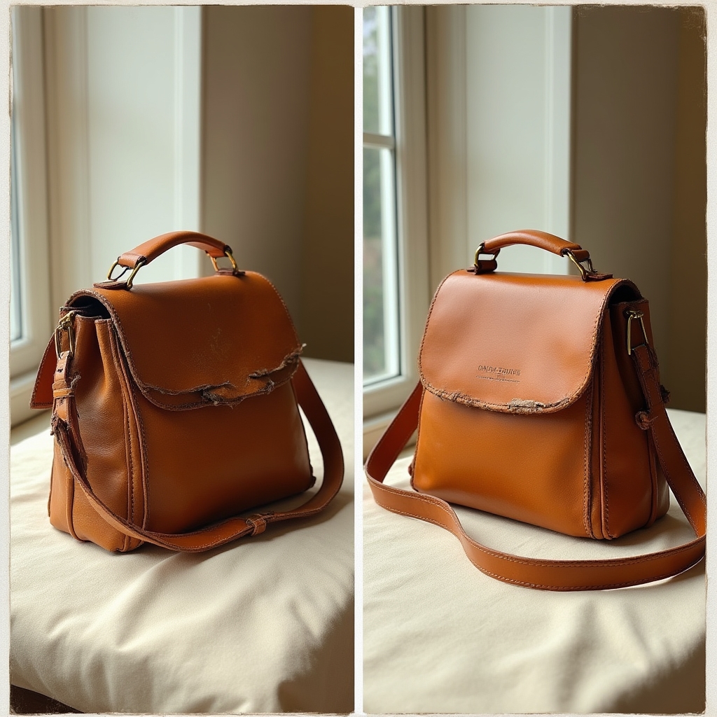 Borsa in pelle prima e dopo il restauro artigianale nel laboratorio