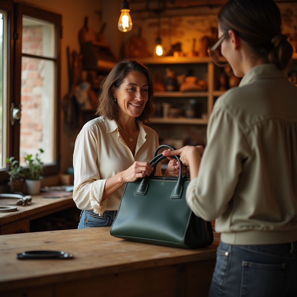 Cliente privata che porta una borsa in pelle al laboratorio artigianale