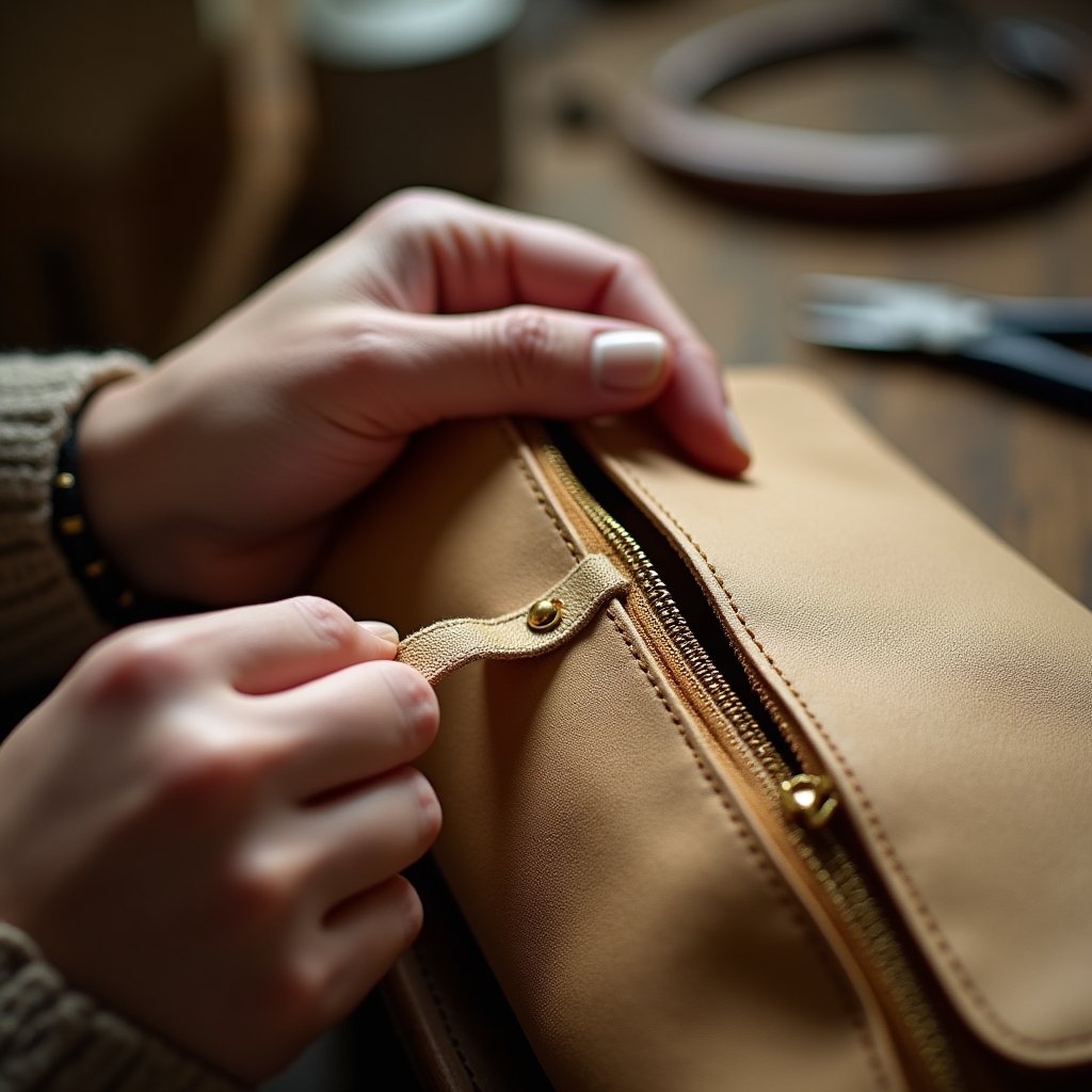 Sostituzione cerniera rotta su borsa in pelle beige