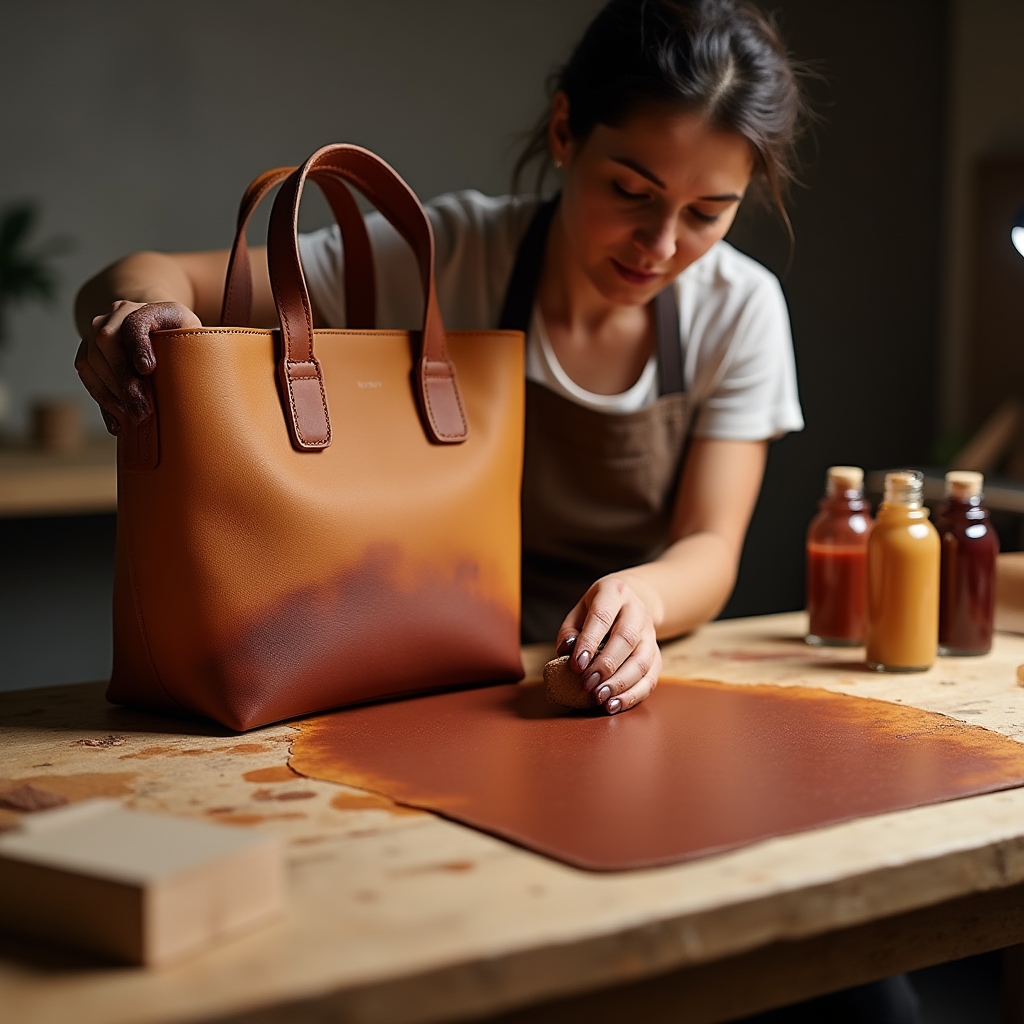 Cambio colore borsa da marrone a nero con tintura artigianale